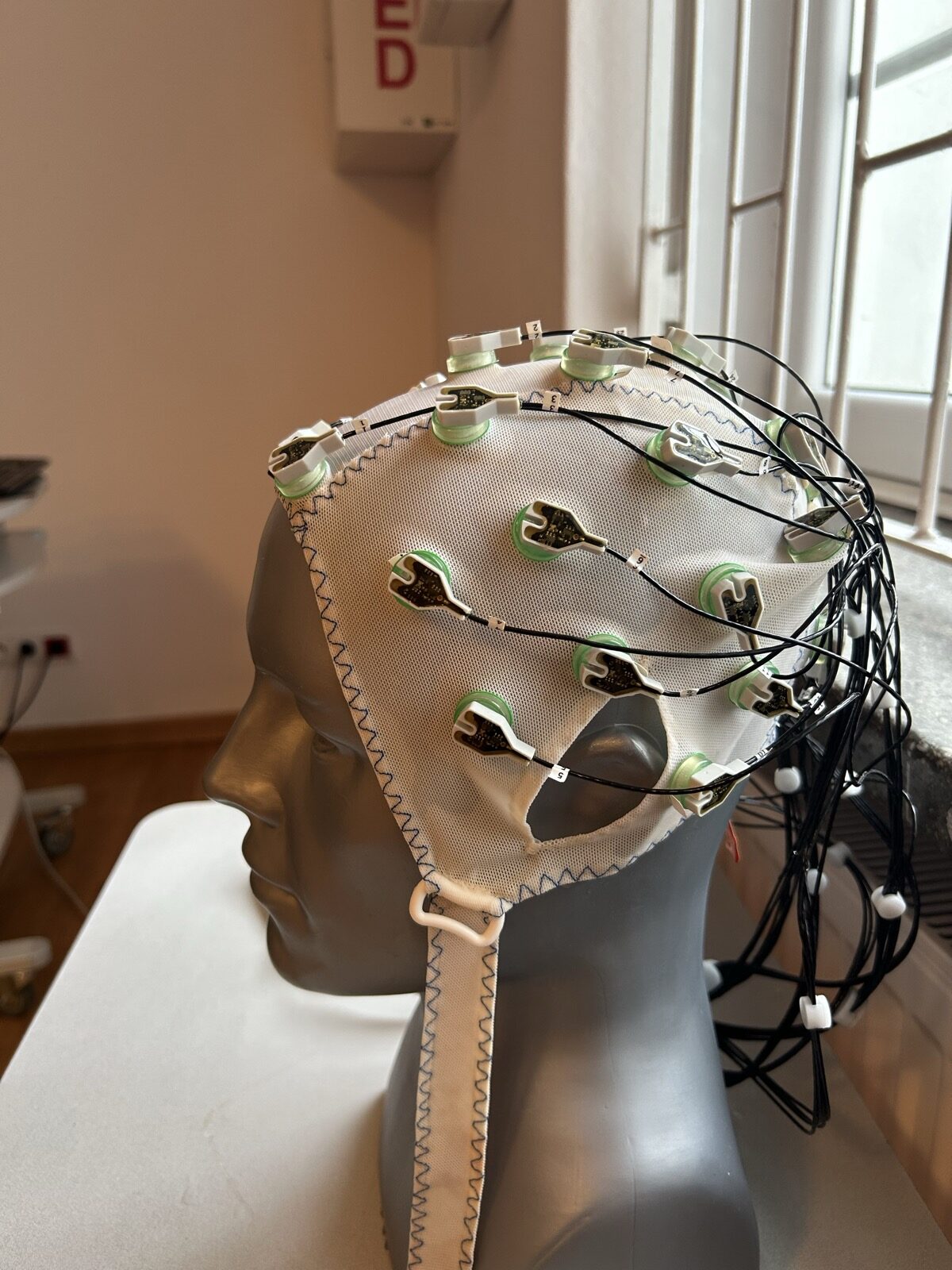 EEG electrode cap fitted on a mannequin head in the neuro-psycho-physiology lab